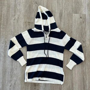 Womens Wooden Nickels Vintage Blue/White Stripe Hooded Sweater - M